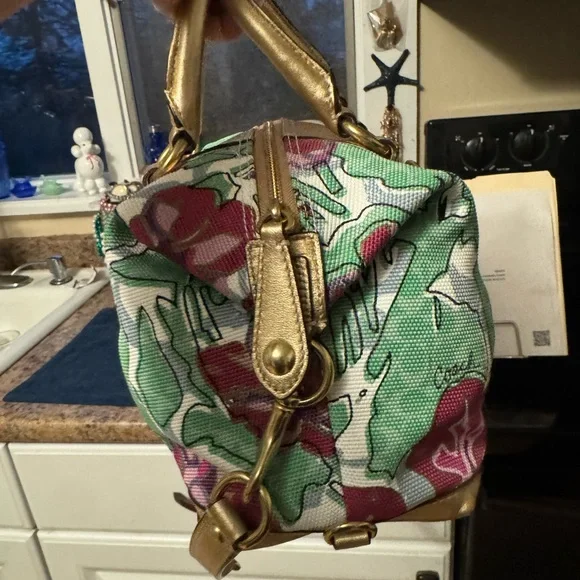 Coach Floral Canvas Satchel with Gold Leather Trim and Pink Blossoms - Picture 4 of 7
